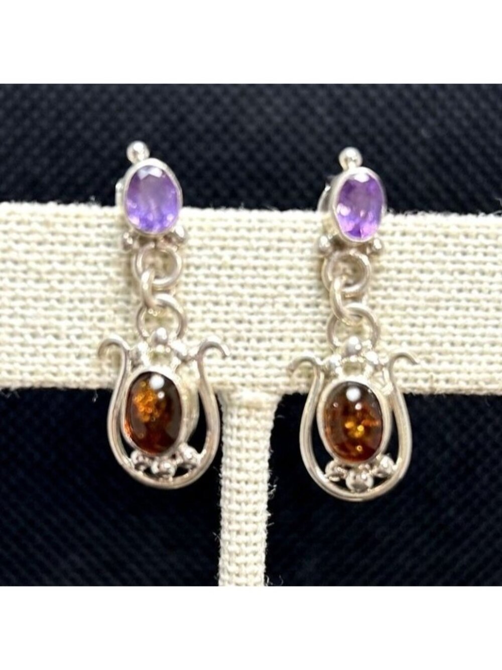 Amber & Amethyst Sterling Silver 925 Dangle Earrings Scroll Design 1" Long
